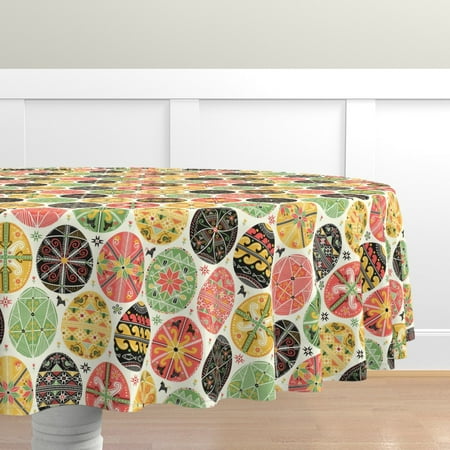 

Cotton Sateen Tablecloth 90 Round - Easter Folk Pysanky Egg Eggs Art Festive Spring Scandinavian Geometric Print Custom Table Linens by Spoonflower