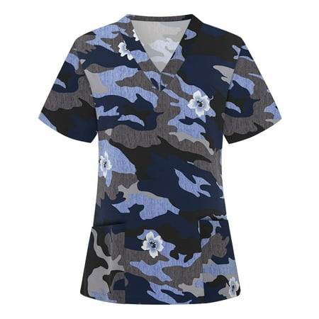

Olyvenn Women s Trendy Tunic Scrub Tops with Pockets Discount Nurse s Working Uniform Blouse 2023 Fashion Summer Short Sleeve Tees Leopard Print Tops V Neck Flowy Casual Shirts Blue 6