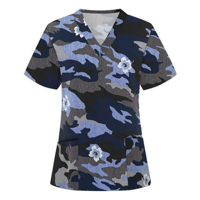 Snoarin Summer Plus Size Womens Tops Mode Femme Manches Courtes Col en V Tops Uniforme de Travail Imprimé avec Poche Blouse Tops Uniformes de Travail pour Femmes en Liquidation