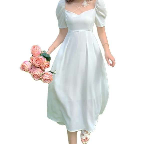 Womens Square Neck Dress Long Puff Sleeve A-Line Casual Short Mini Dress