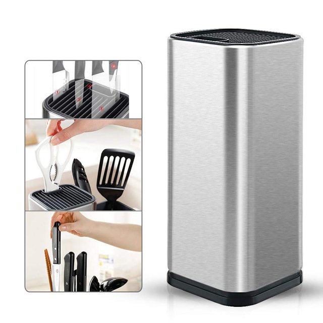 Soporte para cuchillos de acero inoxidable con ranuras para tijeras y varilla de afilado, soporte rectangular para guardar cuchillos, seguro y desmontable