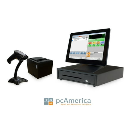 Retail Point of Sale System - includes Touchscreen PC, POS Software (CRE), Receipt Printer, Scanner, Cash Drawer, Credit Card Swipe Reader, and LCD Rear