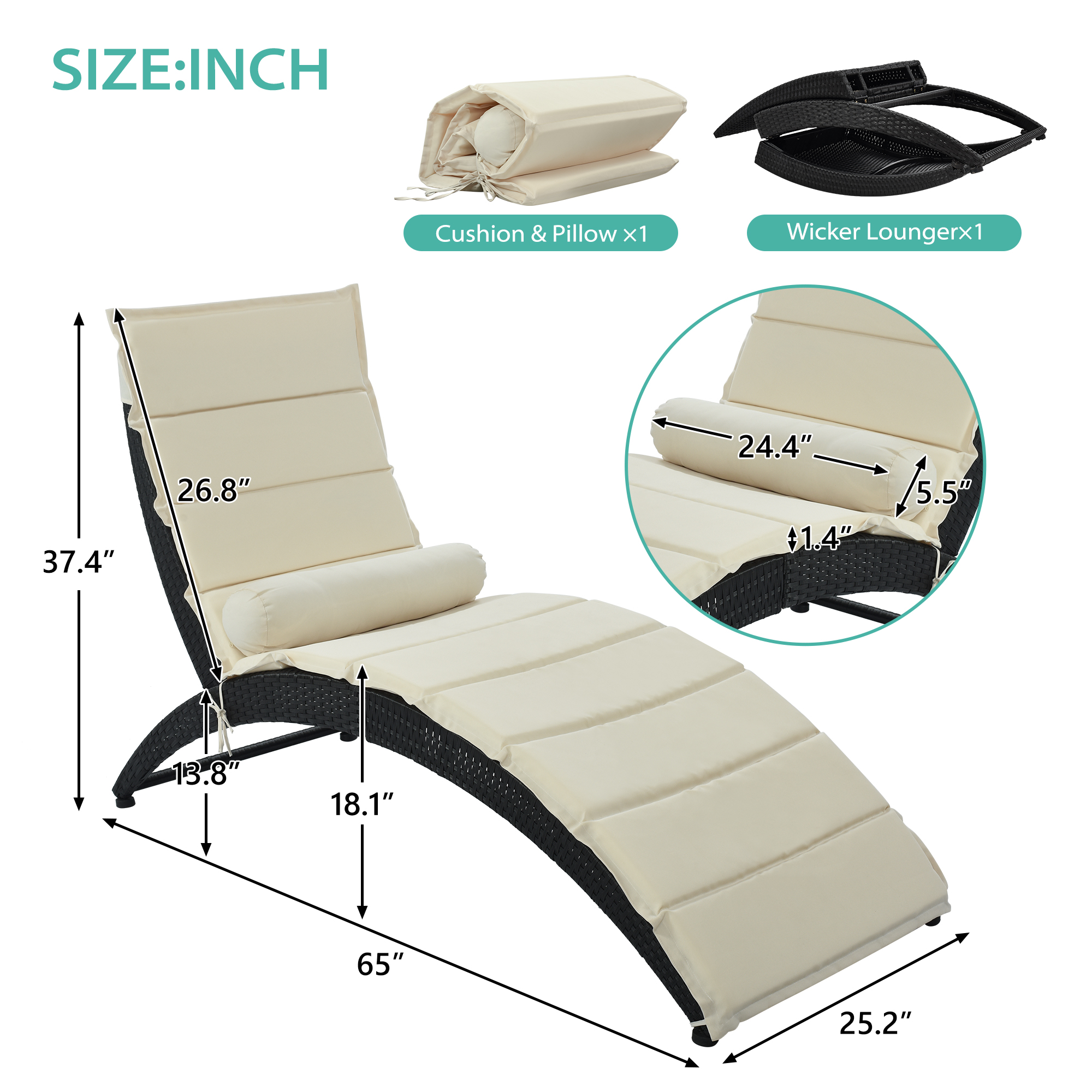 Patio Chaise Lounge, Folding Reclining Camping Chair, PE Rattan Sun Recliner Chair with Seat Cushion, Poolside Garden Outdoor Chaise Lounge Chairs, JA1105 - image 3 of 8