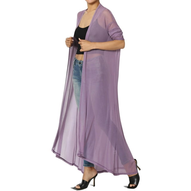 TheMogan Cardigan Ouvert à Manches Longues en Maille pour Femmes Mi-Mollet Caftan Transparent