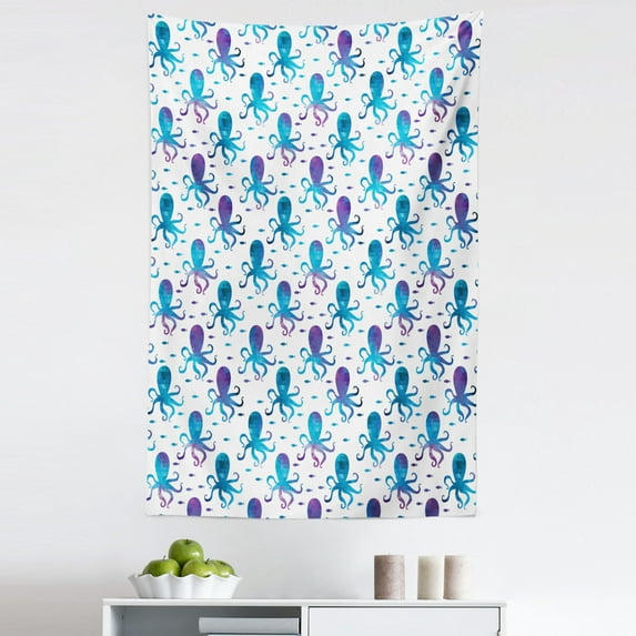 Octopus Tapestry, Mosaic Pattern Marine Animal Silhouettes Abstract Nautical Polygonal Design, Fabric Wall Hanging Decor for Bedroom Living Room Dorm, 5 Sizes, Blue Purple White, by Ambesonne