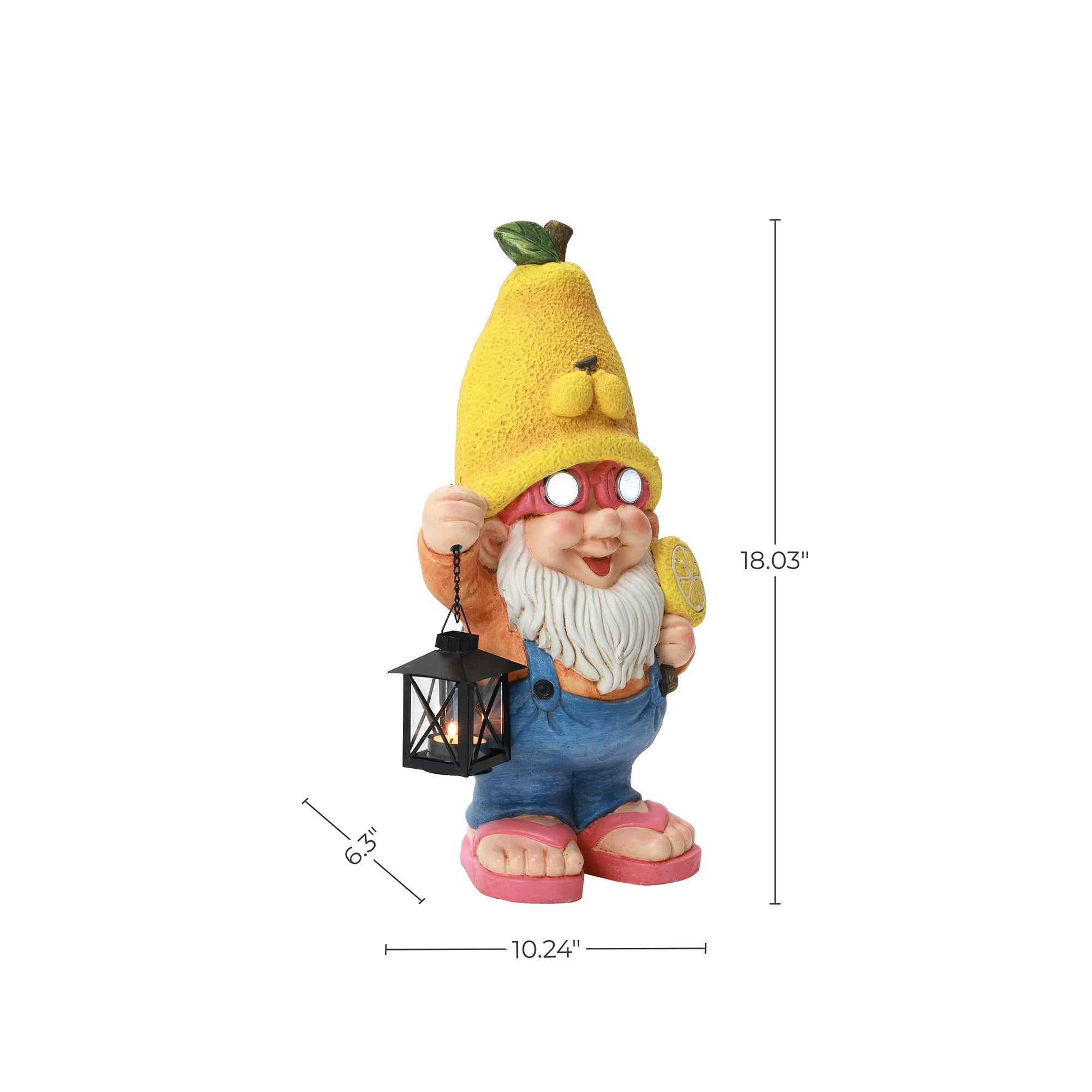 LuxenHome 18" Solar Powered Garden Gnome Outdoor Statue with Lantern, Lemon Hat Gnome Sculpture for, Lawn, Garden