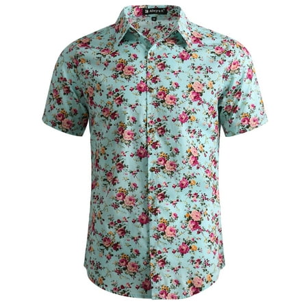 Men's Short Sleeve Button Front Floral Print Cotton Hawaiian Shirt