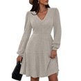 thumbnail image 2 of Women's Fashion Casual V-Neck A-Line Fit Solid Color Long Sleeve Dress for Winter Outings and Casual Events,Light Gray,2XL, 2 of 9