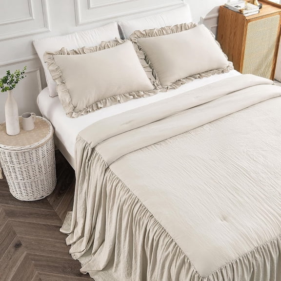 Farmhouse Bedspread Set Queen Size with Ruffle Skirt - Lightweight Quilt Coverlet with 2 Pillow Shams, Chic Vintage Wheat Bedding for Bedroom