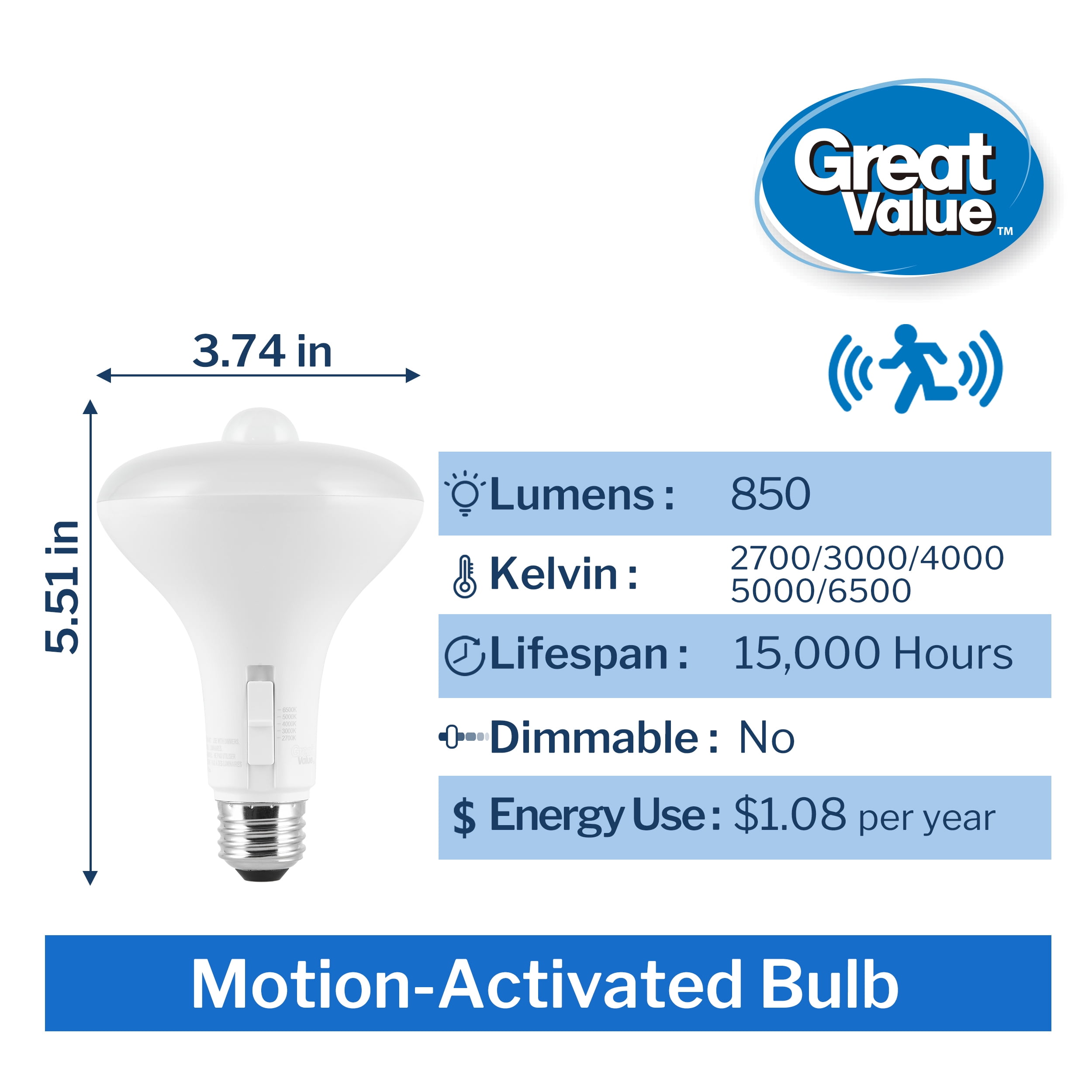 Great Value BR30 Motion Sensor LED Flood Light Bulb, 65W Equivalent, 5CCT Selectable, 850 Lumens, E26 Base