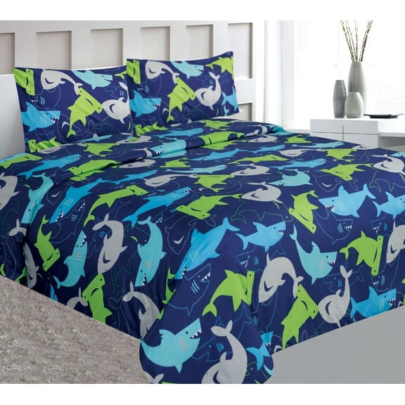 SHARK BLUE Full Kids Printed 4pc Sheet Set Premium Collection Modern Bedding Dressing New Designs for Girls/Boys & Toddler