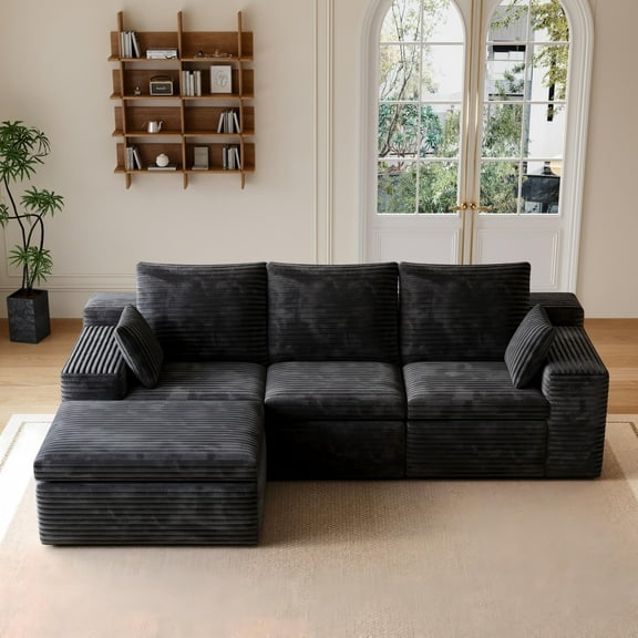 U-Shape Modular Sectional Sofa, Compressed Corduroy Sleeper Couch for Living Room & Bedroom, Space-Efficient, No Assembly Required – Black