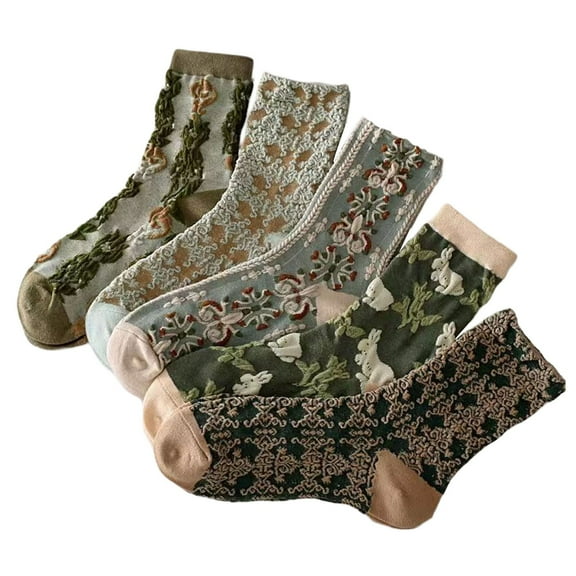 Womens Ankle Socks 5 pairs Popularate Vintage Embroidered Floral Socks Comfortable Mid Calf Army Green Women Socks One Size