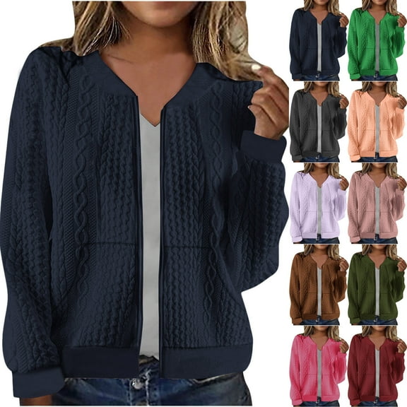 WMTBSRSW Women's Fashion Casual Jackets Trendy Jacquard Full Zip Cardigan Jackets Fall Solid Texture Long Sleeve Crop Coat Hot Pink M
