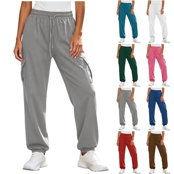 Fnooota Women's Joggers with Pockets, Elastic Waist Fall Running Relaxed Fit Drawstring Athletic Pants Jogger Pants Gray Size L