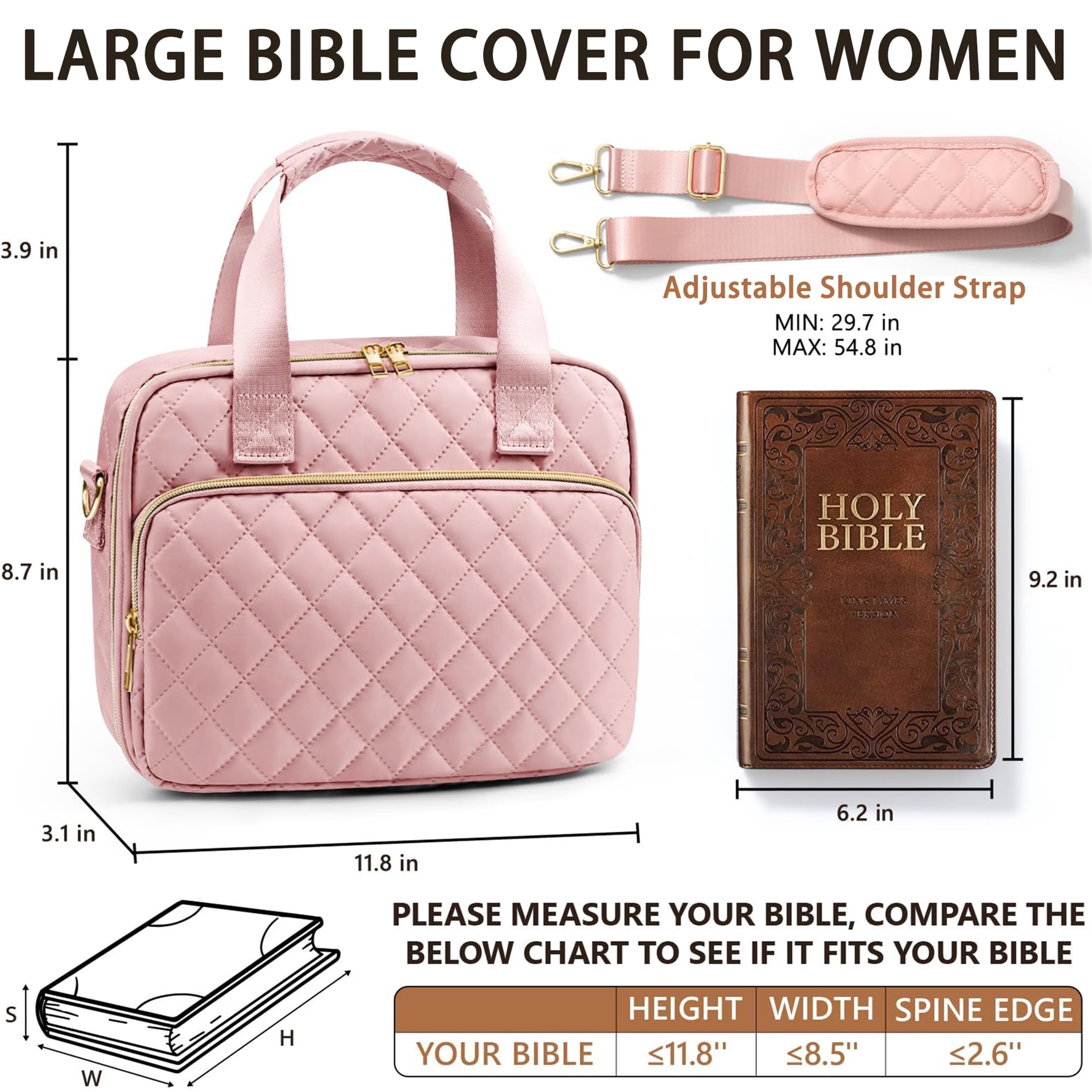 Bible Cover Case for Women, Large Bible Tote Bags Quilted Carrying Case with Shoulder Strap, Bible Study Supplies Journaling Kit, Christian Gift for Womenn (Pink)