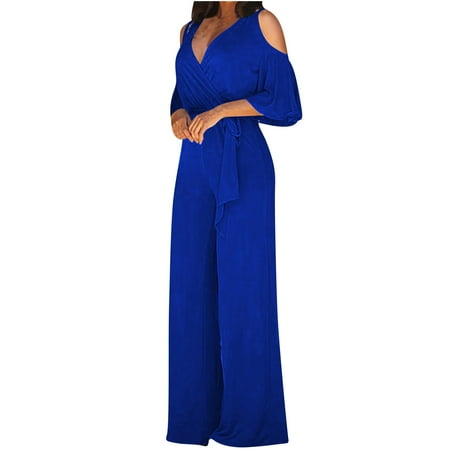 

Jumpsuit for Women Dressy Casual Off Shoulder Short Sleeve Wrap V Neck Rompers Onesie One-piece Wide Leg Jumpsuits