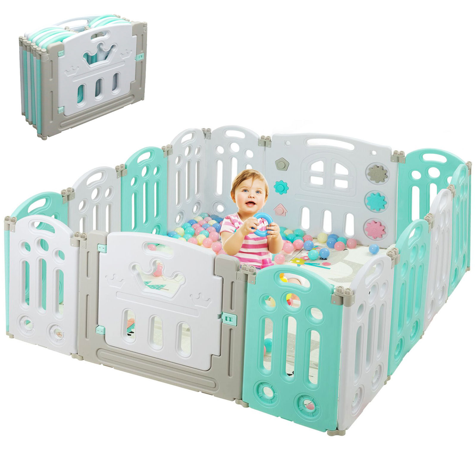 Surpcos 14 Panel Foldable Baby Playpen Kids Safety Play Yard Locked