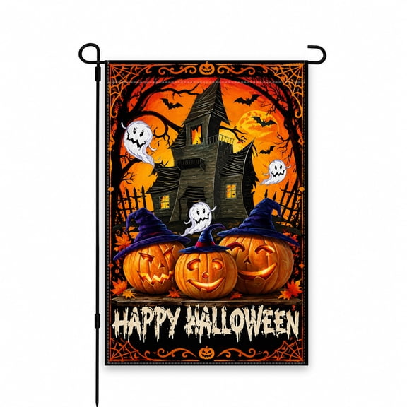 Halloween Garden Flag 12x18 Inch - Haunted House with Pumpkins & Ghosts Design - Perfect Outdoor Decor for Lawn, Patio, Porch, or Yard Display