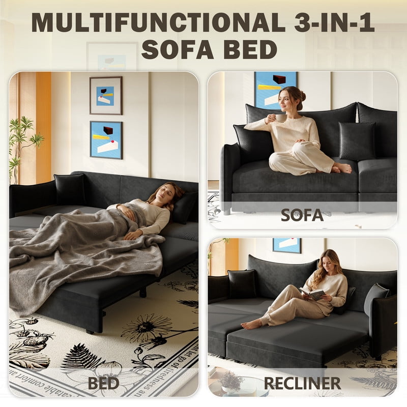 3-in-1 Convertible Pull Out Sofa Bed, 81.9'' King Size Sleeper Sofa Bed with Golden Accent Trim, Velvet 3-Seater Couch with 3 Pillows for Living Room, Small Space, Apartment