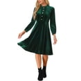 thumbnail image 2 of INSPIRE CHIC Women's Velvet Dress Mock Neck Button Front Ruffle Vintage Flare Dresses L Dark Green, 2 of 6