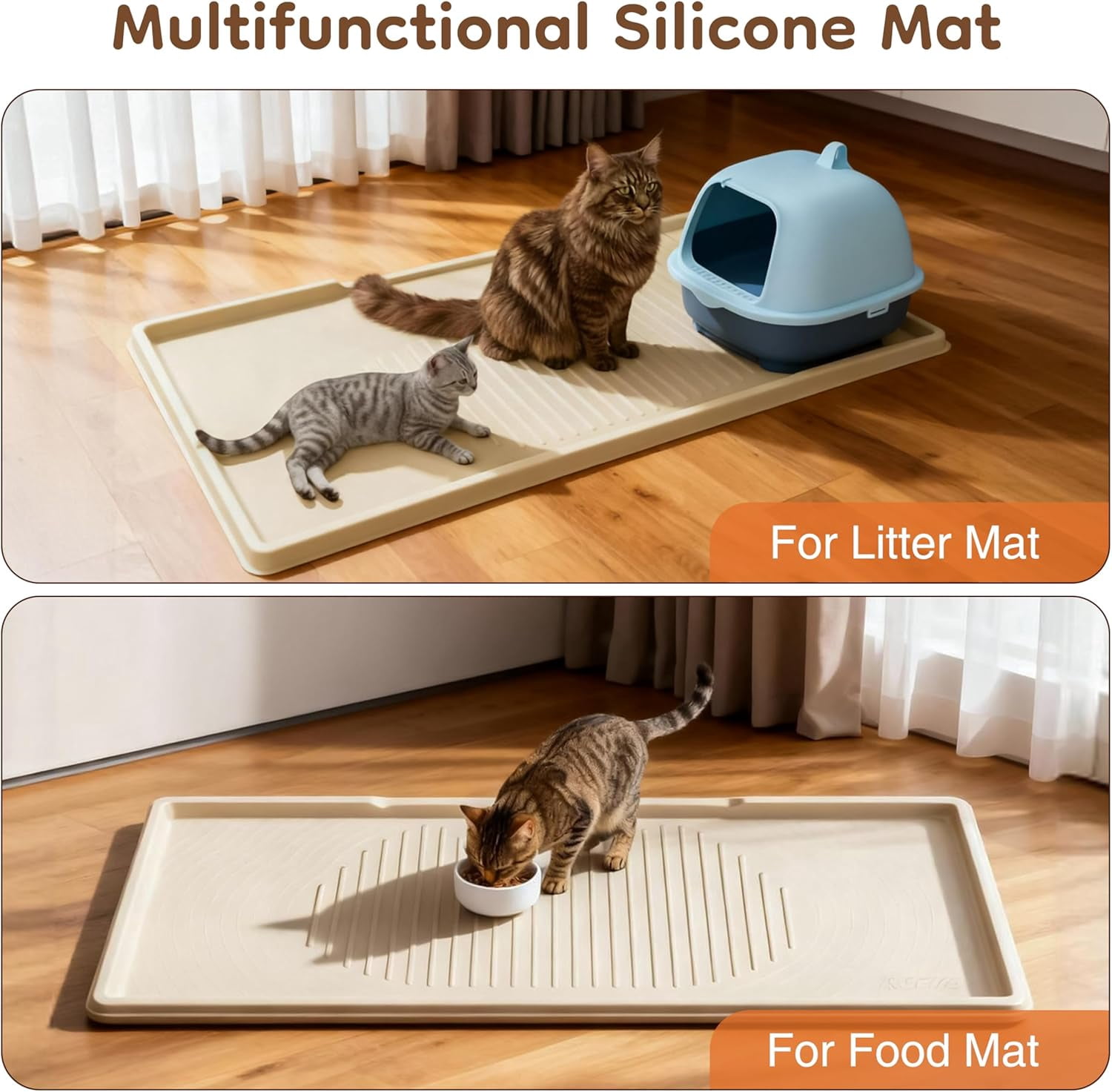 Cat Litter Mat 54" x 27.5" XXL, Extra Large Silicone Mat for Litter Box, 1.38" Raised Edge Waterproof Litter Trapping Mat Pad for Scatter Control, Soft on Kitty Paws, Protect Floor (Beige)