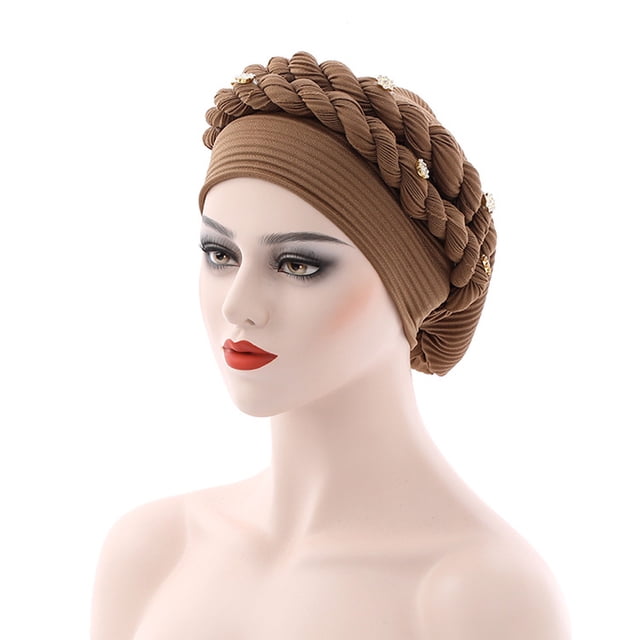 Fashion Women Beading Braid Hat Muslim Ruffle Cancer Wrap Cap Sleep Caps Satin Lined Hair Bonnets