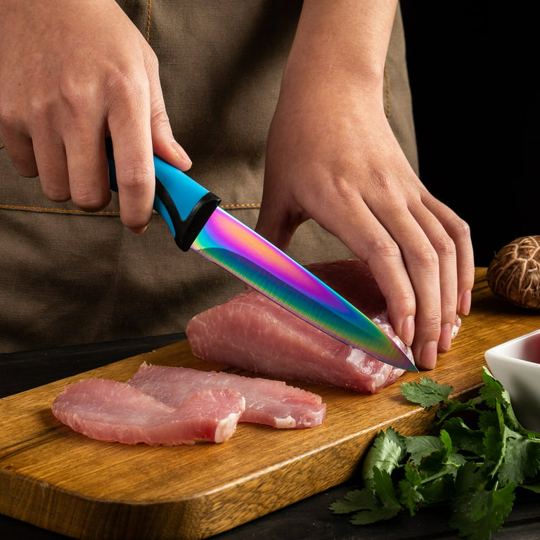 SiliSlick Steak Knife Set - Iridescent/Rainbow Titanium Coated Stainless Steel Knives - 5 inch / 12.7cm - (Blue) Blue Handle / 6