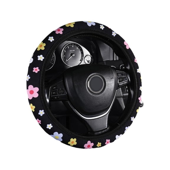Floral Neoprene Car Steering Wheel Cover 15 Inch, Elastic Sweat-Absorbent Auto Interior Protector Black