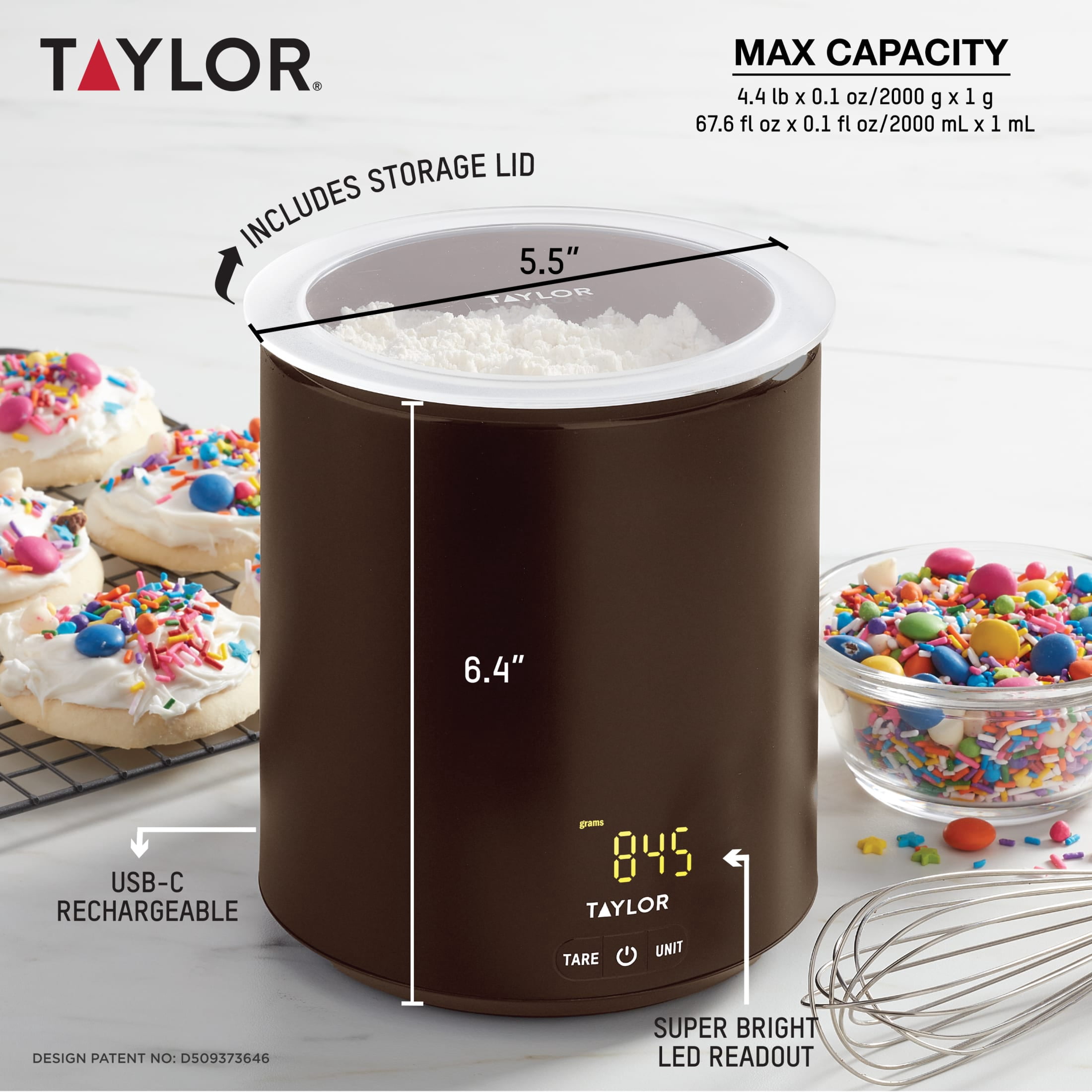 Taylor 4.4 lb USB-C Rechargeable Container Scale with Lid, Digital Food Scale for Recipes, Topaz