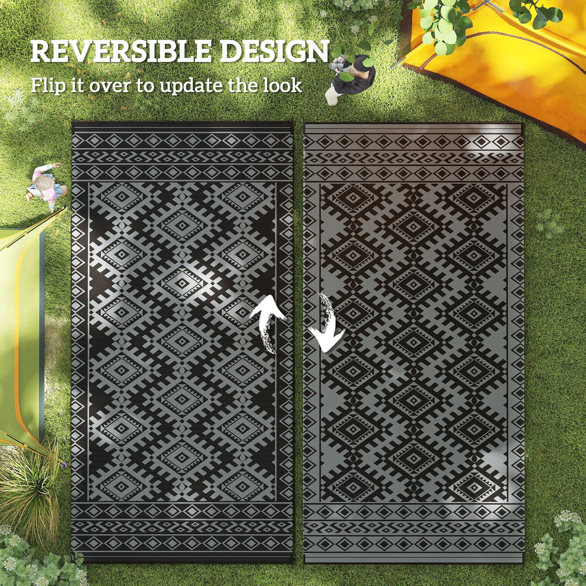9' x 18' Black & Gray Rhombus Border Reversible Outdoor Rug, Waterproof Patio Camping Mat with Carry Bag, Foldable Portable RV Carpet