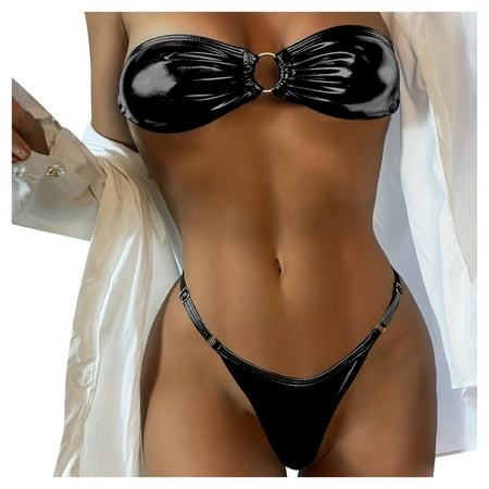 CAIVO Women Metallic Gold Halterneck Bikini Set Sexy Backless Swimwear Adjustable Tie Side Briefs Ruched Push Up Top Beachwear Soft Beach Vacation Summer Swim Wear