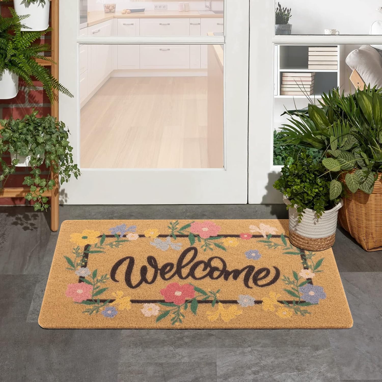 Artificial Coir Doormat with Non-Slip Backing for Indoor and Outdoor 17 x 30 inch Front Door Welcome Mat Spring Summer Seasonal Doormat, Welcome Flower Garland