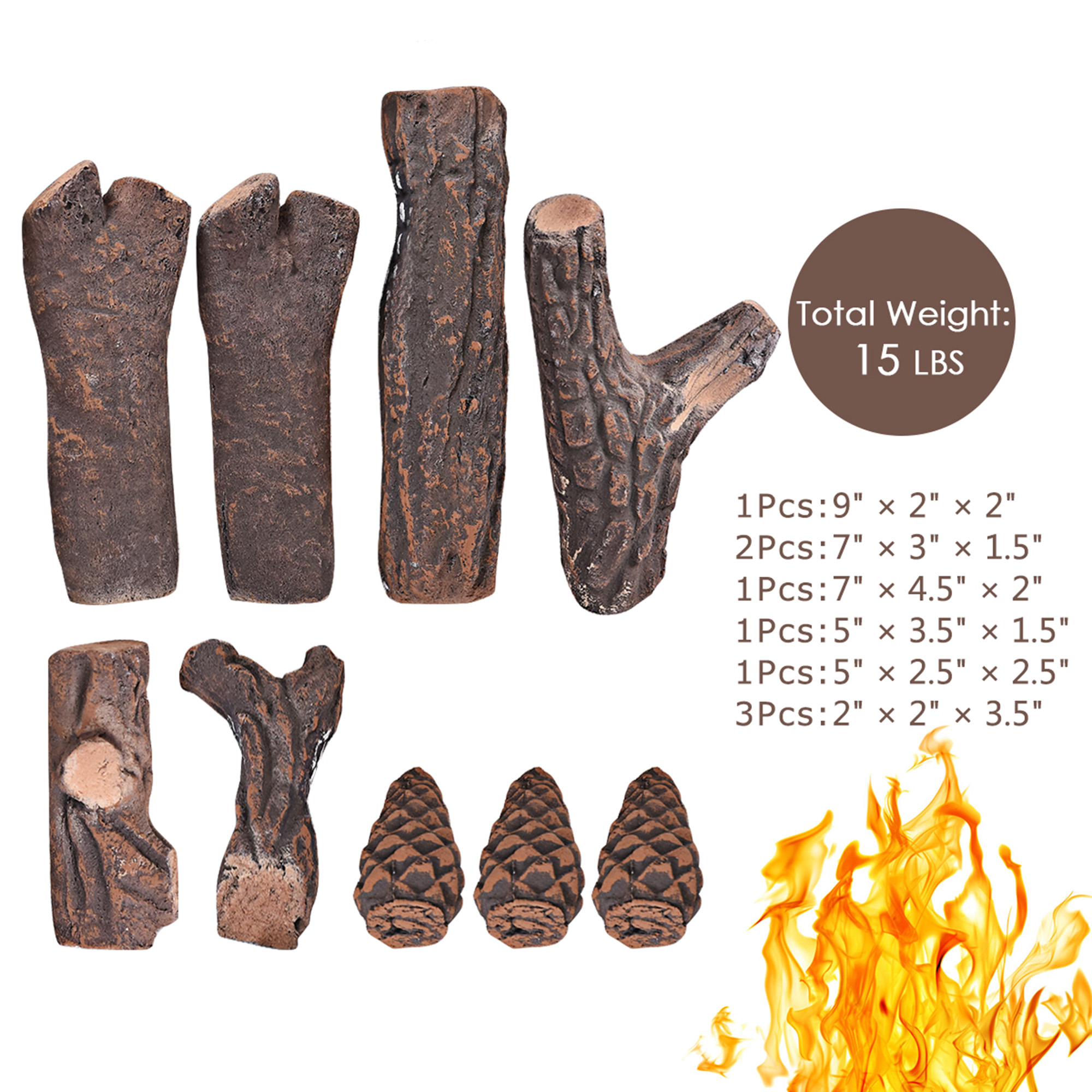 Gymax Indoor Outdoor 9 Pieces Gas Fireplace Log Set Ceramic Wood Logs