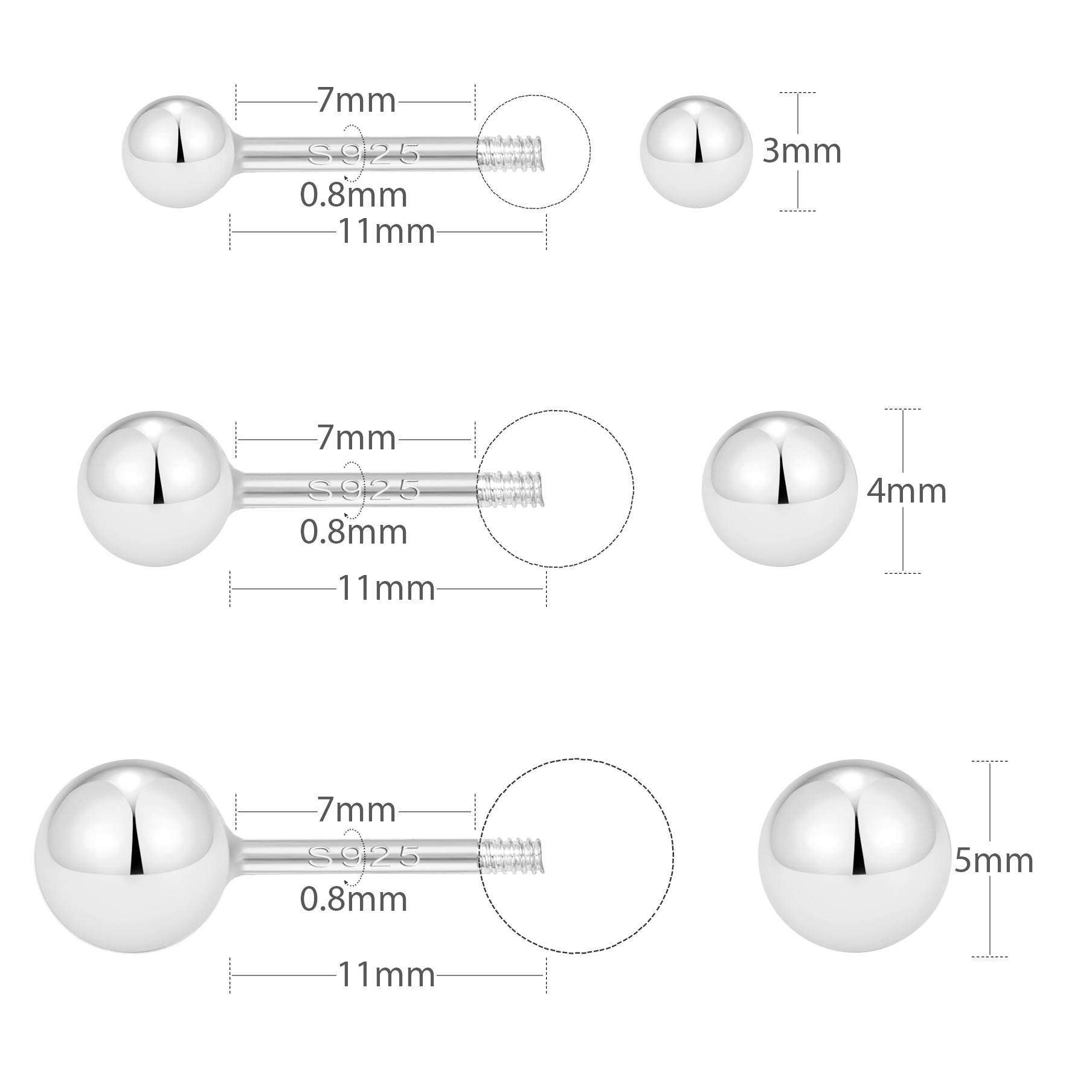 RYSKYJEWELRY Two Ball Stud Silver Earrings, 925 Sterling Silver, All Ages