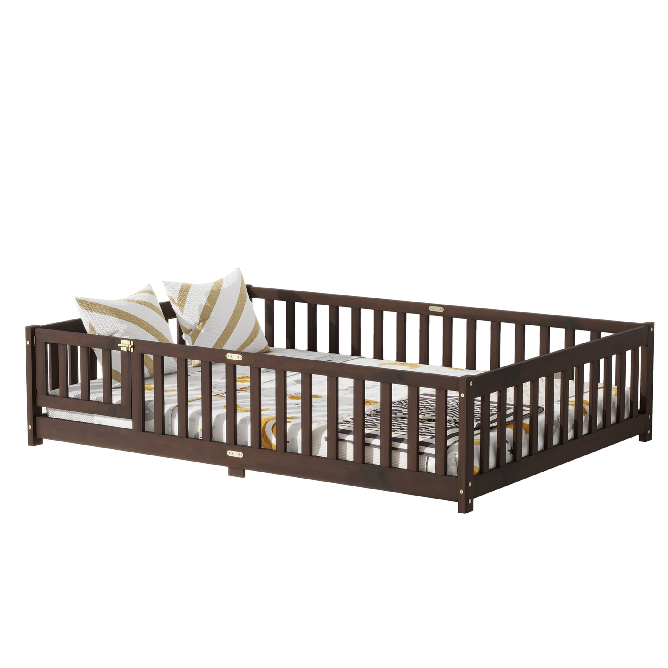 Noble House Corvel Full Size Rubber Wooden Floor Bed with Safety Guardrails & Latching Fence Door, Espresso