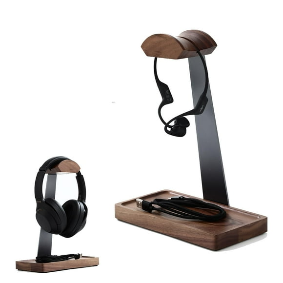 Soporte para auriculares NIRVASH de madera de nogal con base de almacenamiento