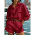 thumbnail image 4 of Jaimenalin Womens Solid Color 2 Piece Outfits Long Sleeve Lapel Button Loose Fit Top Mini Shorts Summer Set Red XL, 4 of 5