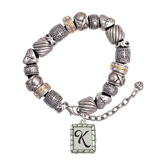 Silvertone Pebble Border Initial - K Silver Tone Christian Bead Bracelet