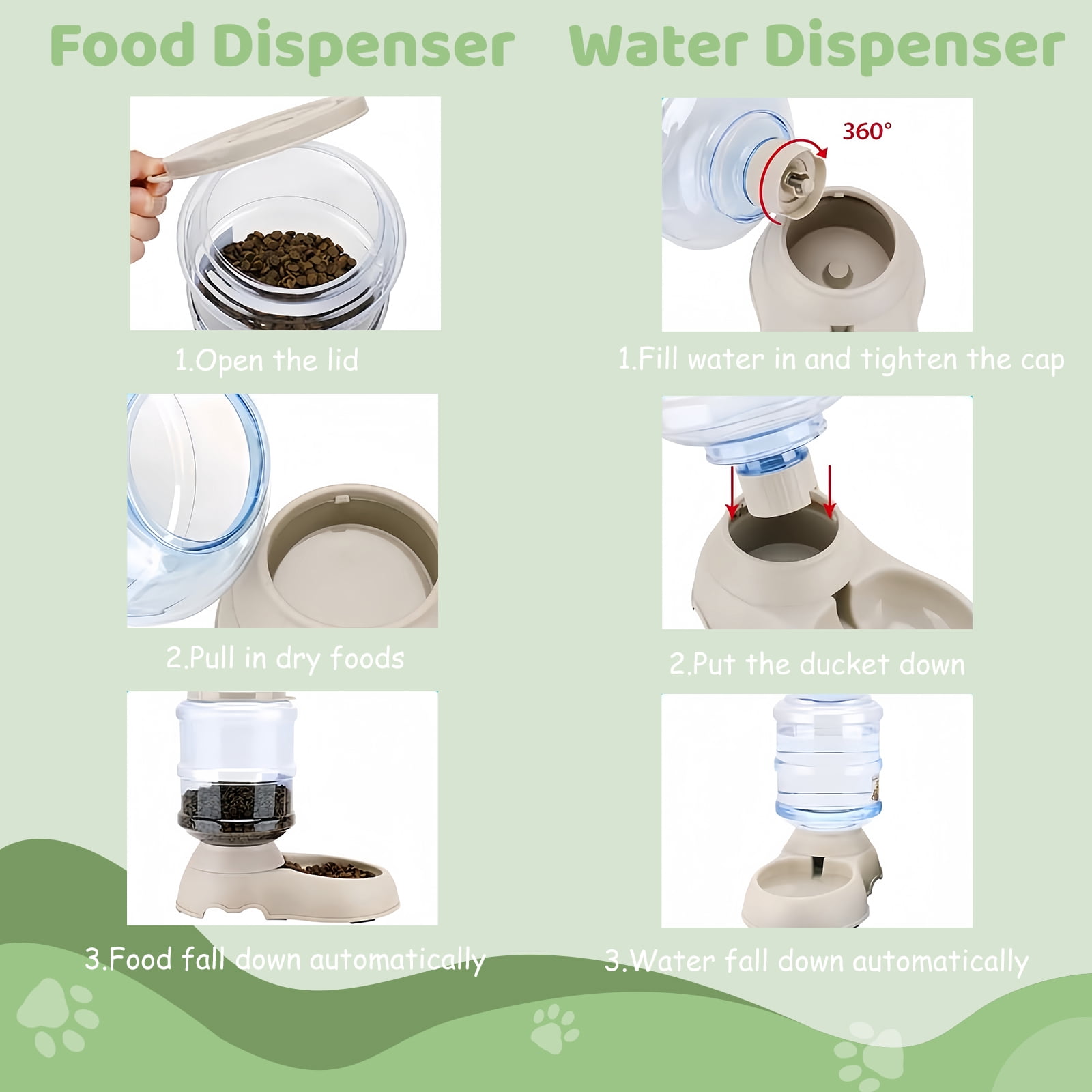 2 Pack Automatic Cat Feeder and Water Dispenser in Set Pet Food Bowl for Small Medium Dog Pets Puppy Kitten Big Capacity 1 Gallon x 2 (Green)
