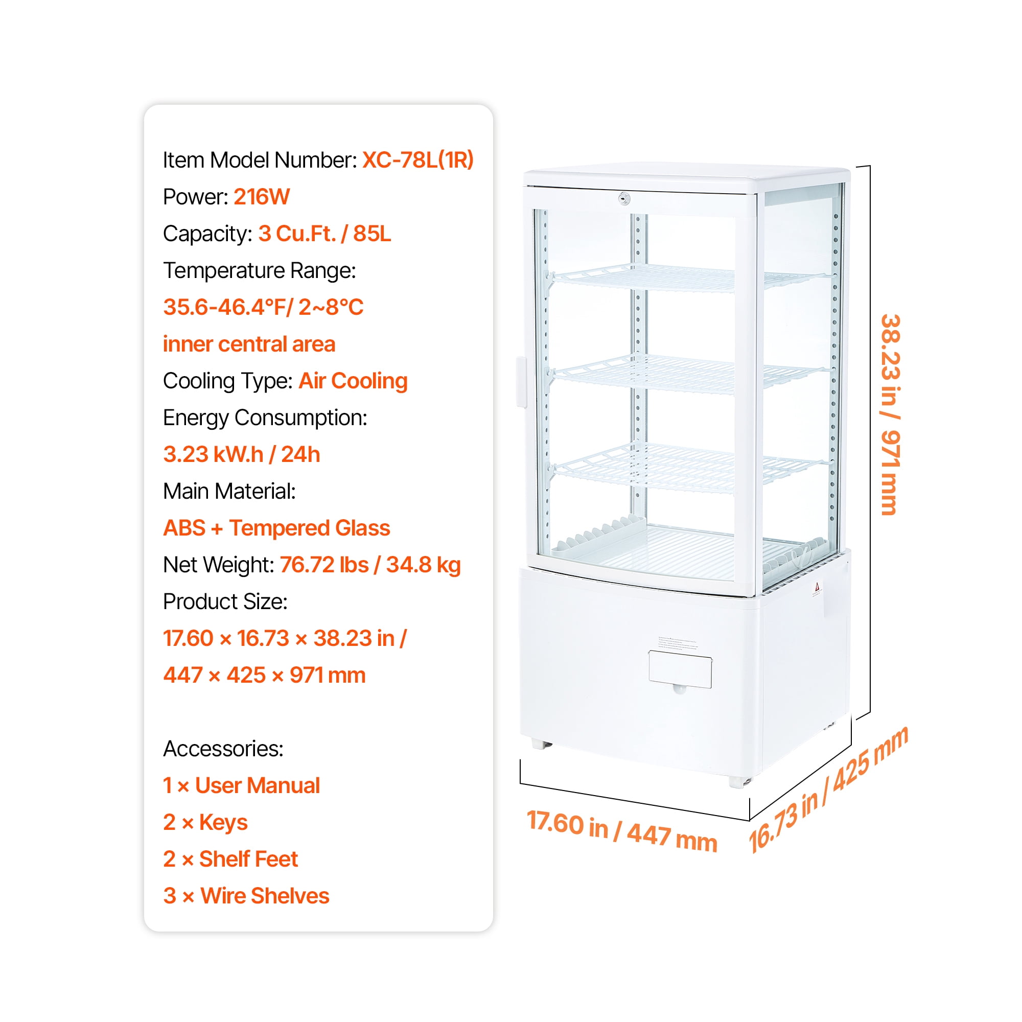 KFFKFF Refrigerated Countertop Display Case, 3 Cu.Ft./85L Capacity, 3-Tier Commercial Pastry Refrigerator with LED Lighting, Efficient Cooling System, Frost-Free Air Circulation, Ideal for Bakeries