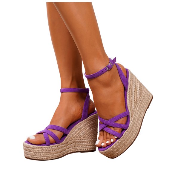 Strappy Wedge Sandals for Women 2026 Comfortable Platform Espadrilles Dress Shoes Buckle Ankle Strap Open Toe Beach Heels Purple Size 9.5