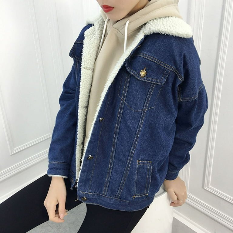 Jiabing Women's Washed Denim Jackets Winter Warm Fleece Lined Faux Fur  Windproof Thick Plus Velvet Trucker Jean Coats at  Women's Coats Shop