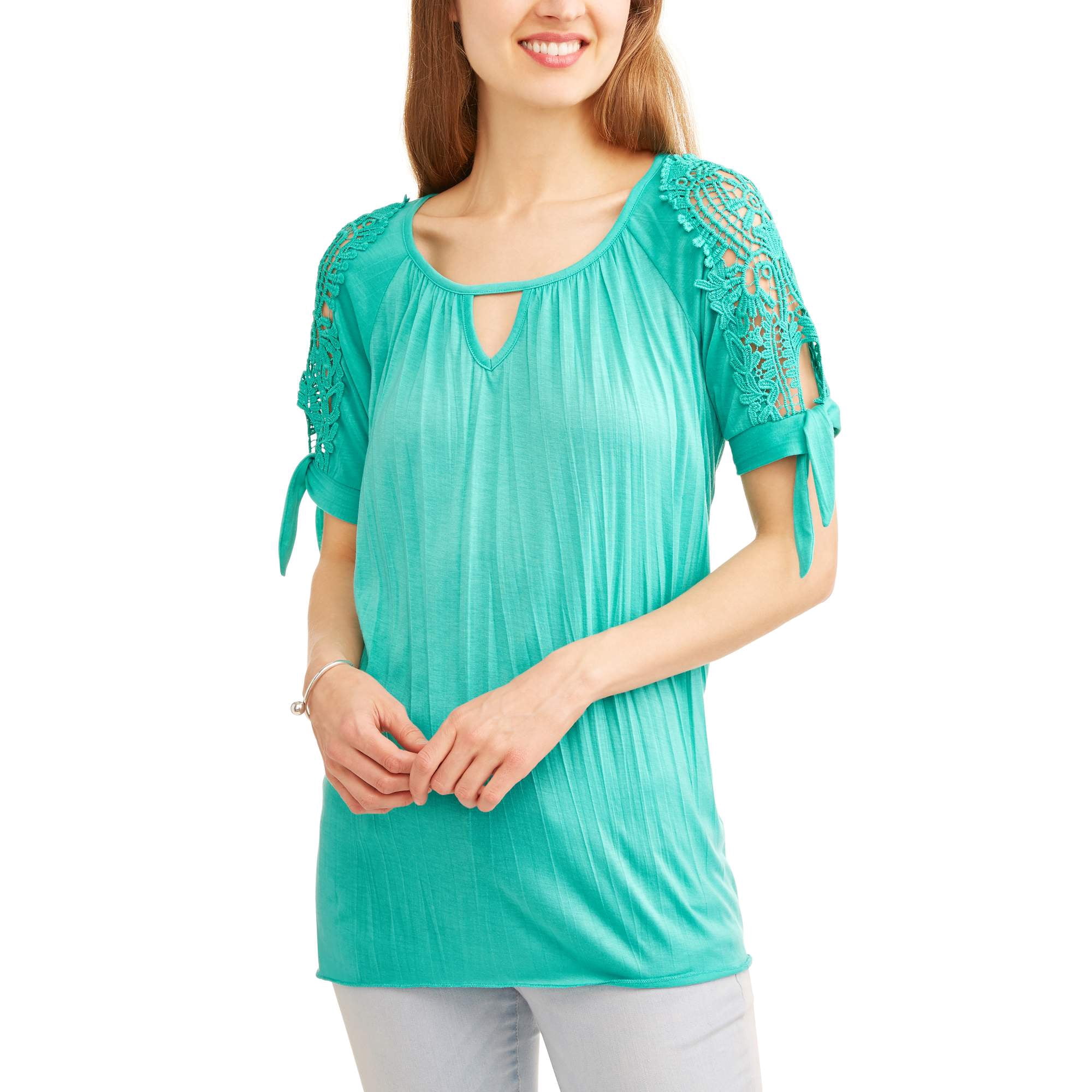 Faded Glory Women's Short Sleeve Crochet Tie Shoulder Peasant Top