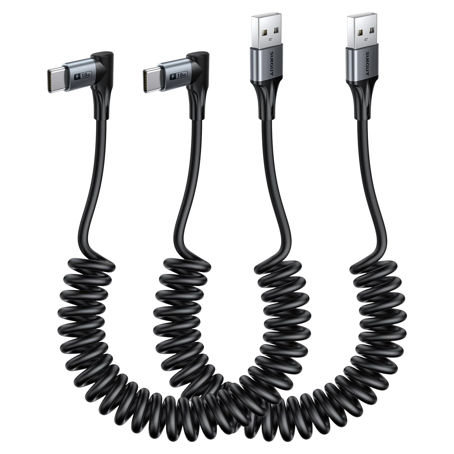 RGHJAR-Long Right Angle Coiled USB C Cable for Heavy Duty Cases 5FT [Stretches from: 1-2.5FT], 2Pack 90 Degree USB to USB C Cable Android Auto & Carplay for iPhone 17/16/15, Travel & Outdoor Use