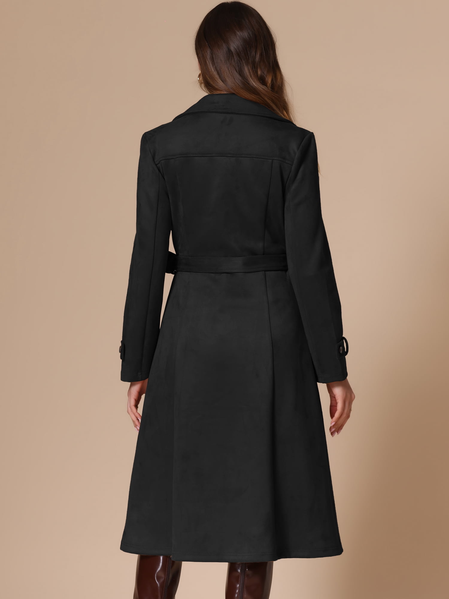 DARING DIVA Women's Long Faux Suede Fall Winter Trench Coat with Pockets M Black