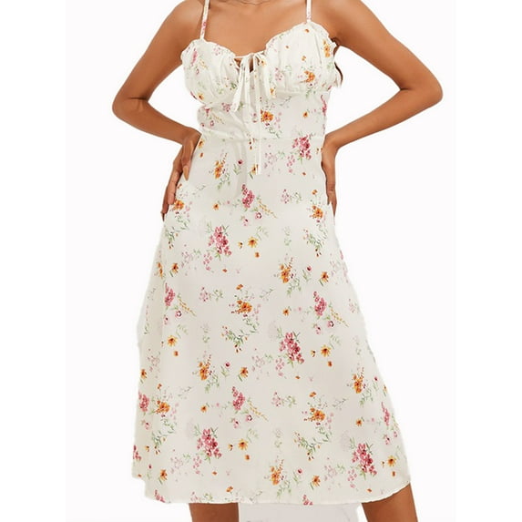 Lovito Boho Floral Lettuce Trim Lace Up Dress