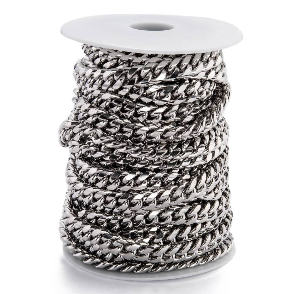Tarnish Resistant 304 Stainless Steel Cuban Link Chain Unwelded with Spool Stainless Steel Color 12.5x10x5mm 16.4 Feet(5m)/roll