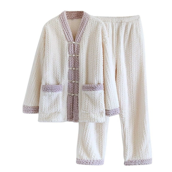 MIUOWANP Fleece Pajamas Set Women Petite Womens Solid Color Thick Flannel Warm And Casual Home Clothes Pajama Set Beige M