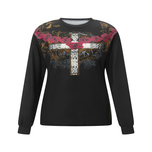 T-Shirts à Manches Longues Tendance pour Femmes avec Imprimé de Croix et de Roses